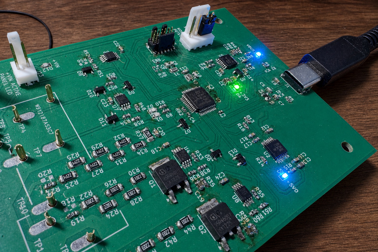 Close detail of a powered circuit board with USB-C connection